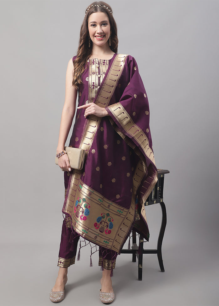 3 Pc Purple Readymade Cotton Dupatta Suit Set