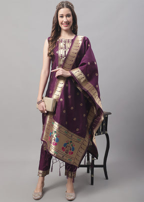 3 Pc Purple Readymade Cotton Dupatta Suit Set