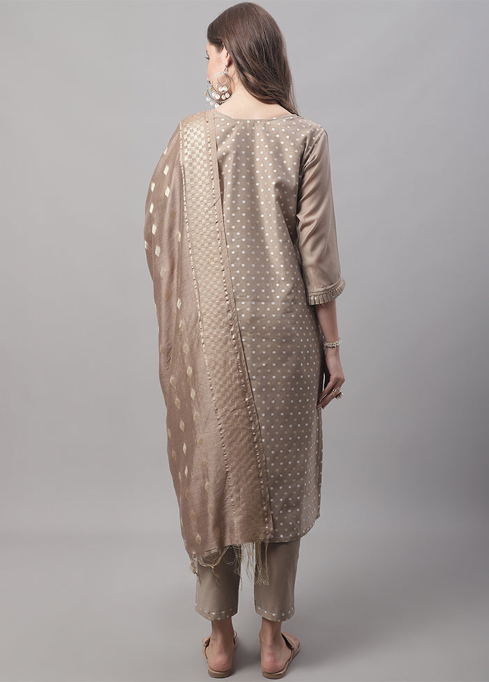 3 Pc Brown Readymade Chanderi Dupatta Suit Set