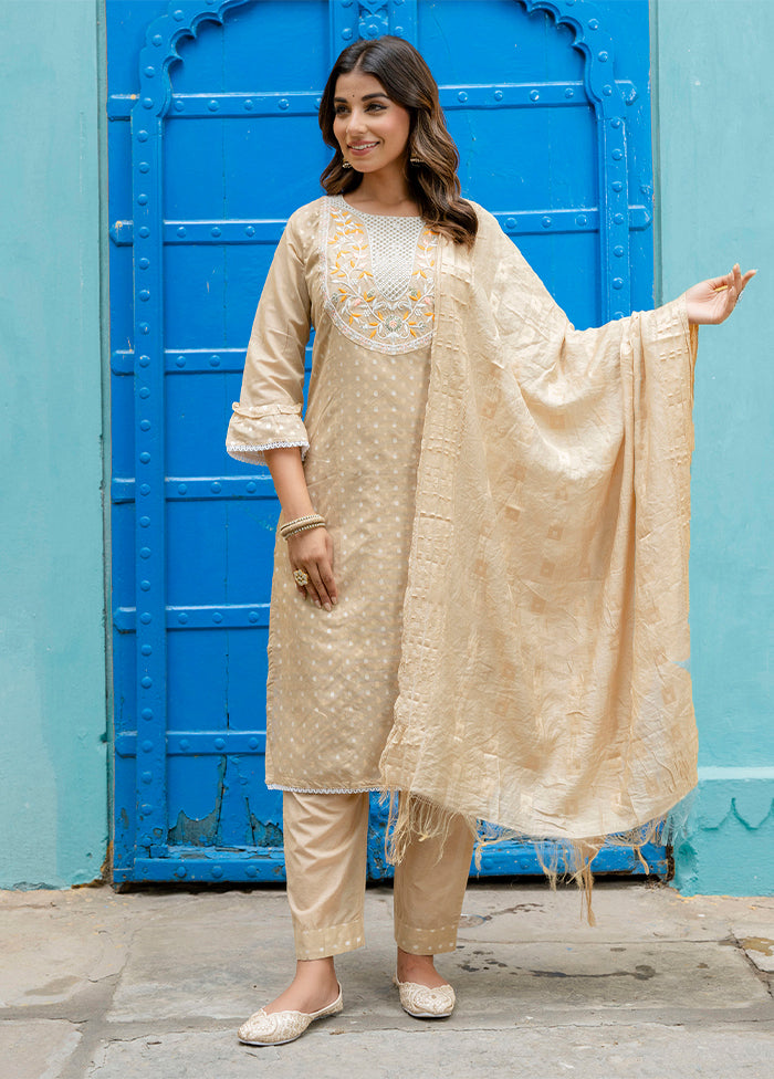 3 Pc Brown Readymade Chanderi Dupatta Suit Set