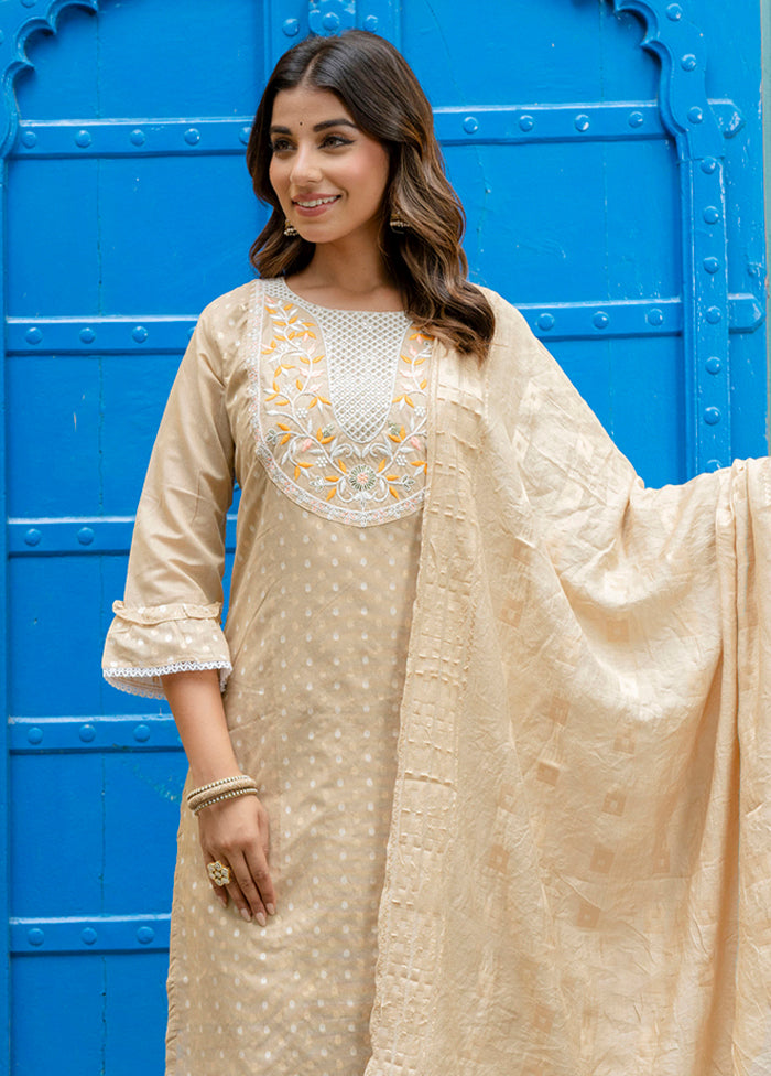 3 Pc Brown Readymade Chanderi Dupatta Suit Set