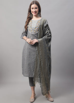 3 Pc Grey Readymade Chanderi Dupatta Suit Set