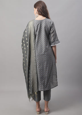 3 Pc Grey Readymade Chanderi Dupatta Suit Set