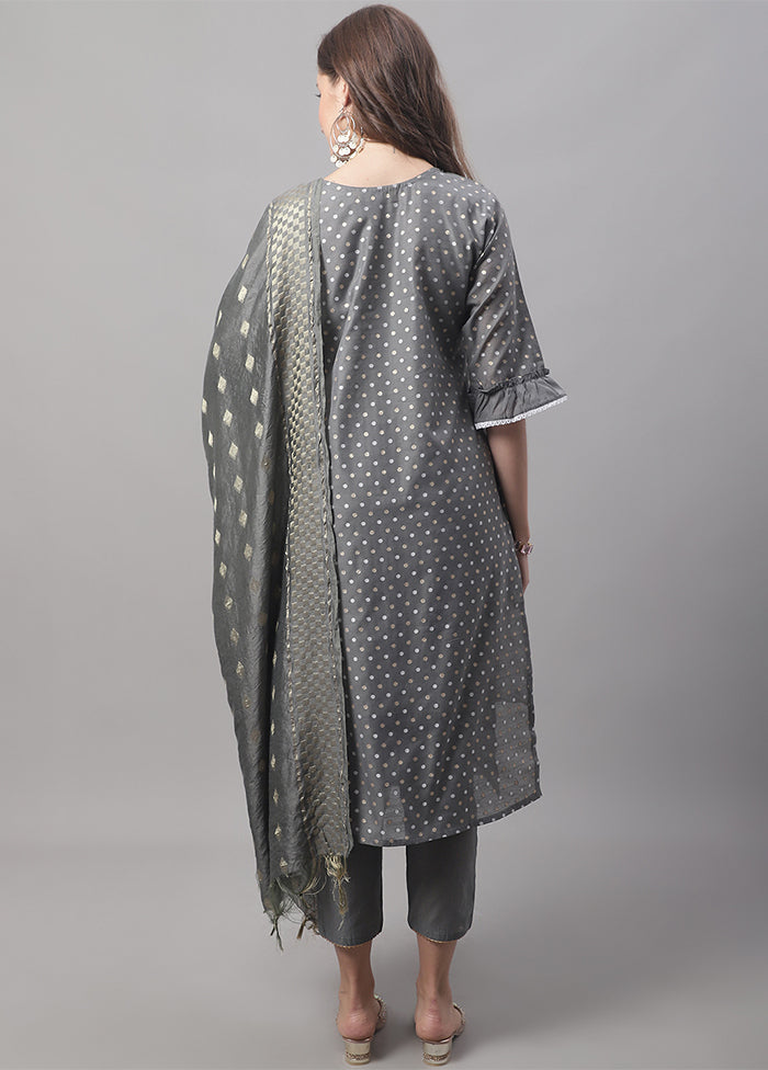 3 Pc Grey Readymade Chanderi Dupatta Suit Set