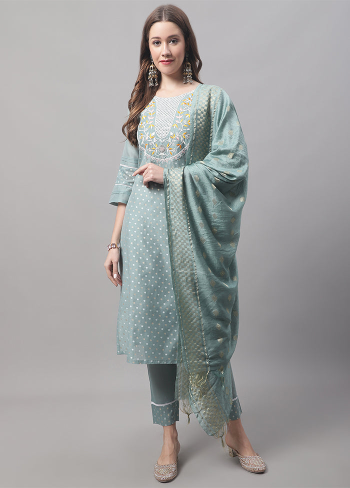 3 Pc Blue Readymade Chanderi Dupatta Suit Set