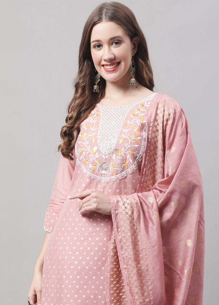 3 Pc Peach Readymade Chanderi Dupatta Suit Set