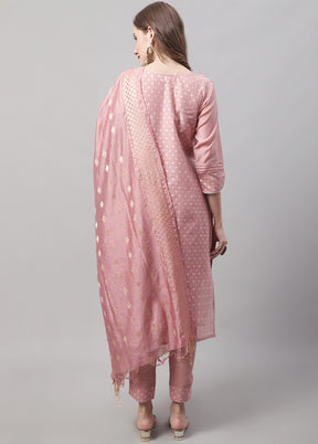 3 Pc Peach Readymade Chanderi Dupatta Suit Set