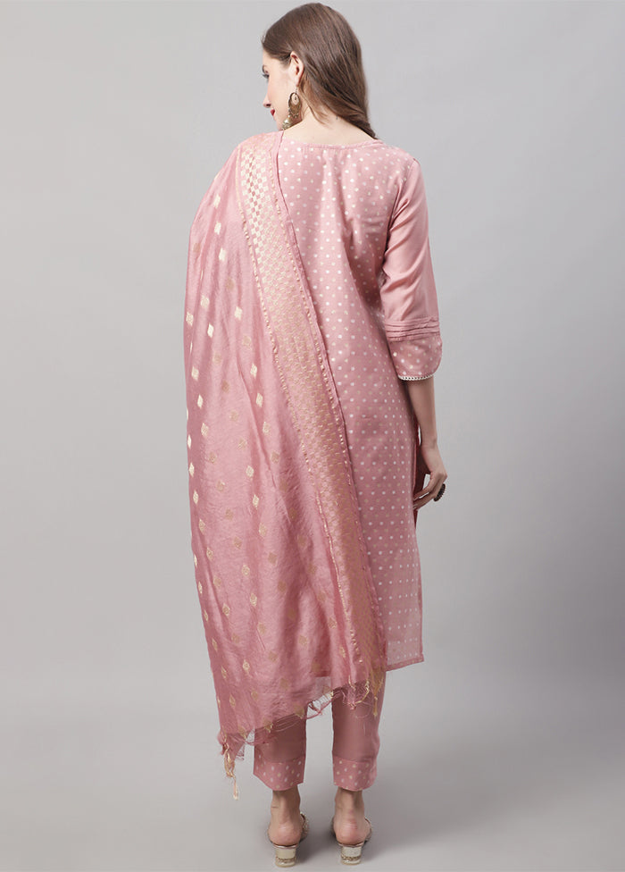 3 Pc Peach Readymade Chanderi Dupatta Suit Set