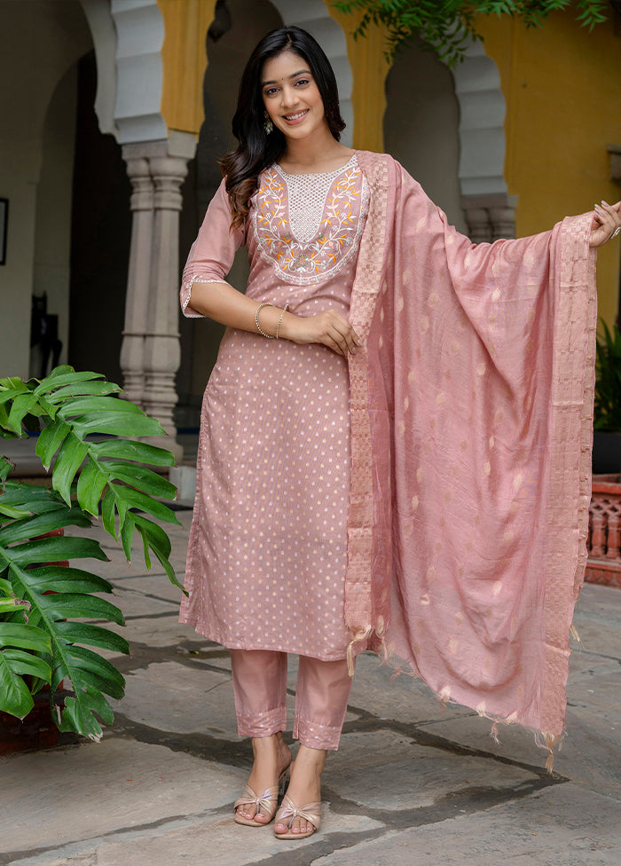 3 Pc Peach Readymade Chanderi Dupatta Suit Set