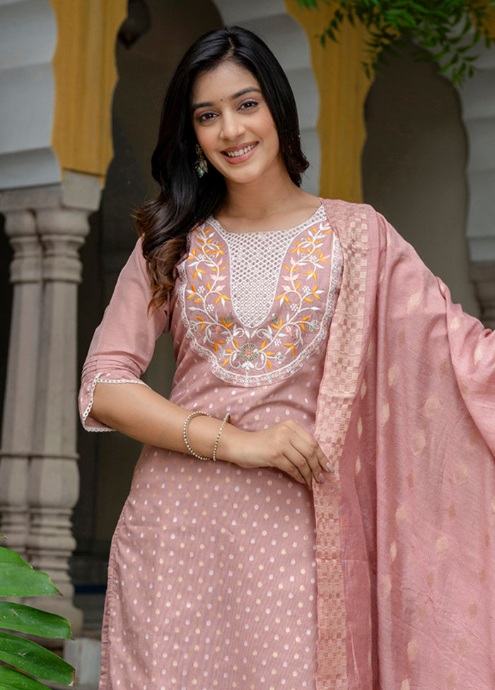 3 Pc Peach Readymade Chanderi Dupatta Suit Set