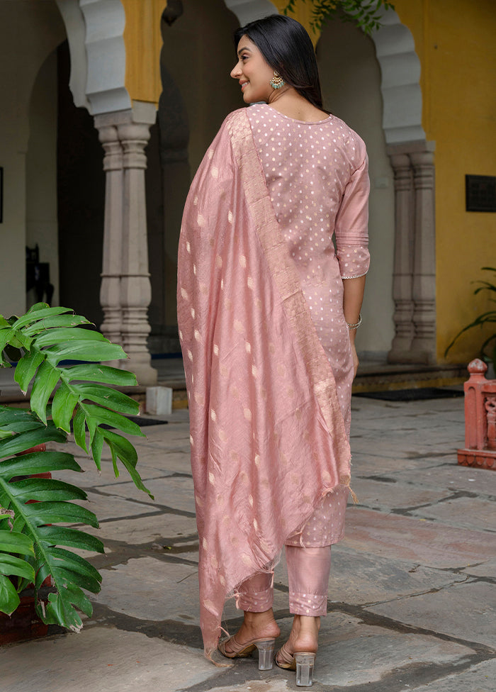 3 Pc Peach Readymade Chanderi Dupatta Suit Set