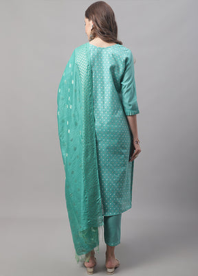 3 Pc Blue Readymade Chanderi Dupatta Suit Set