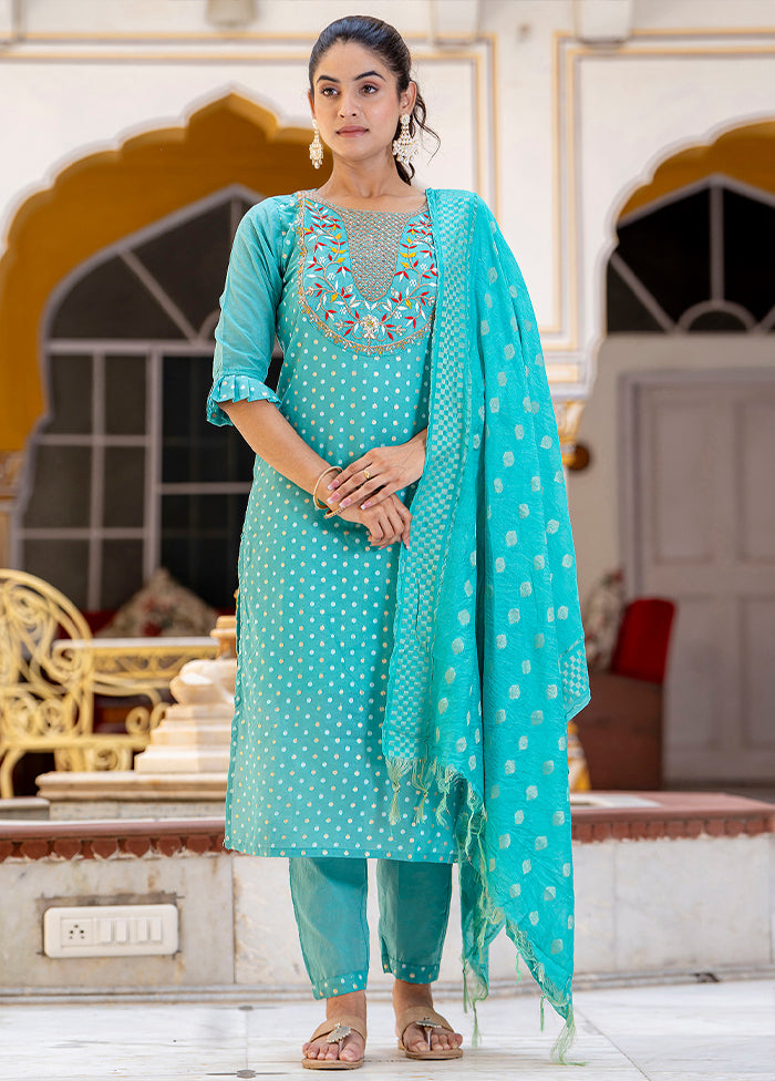 3 Pc Blue Readymade Chanderi Dupatta Suit Set