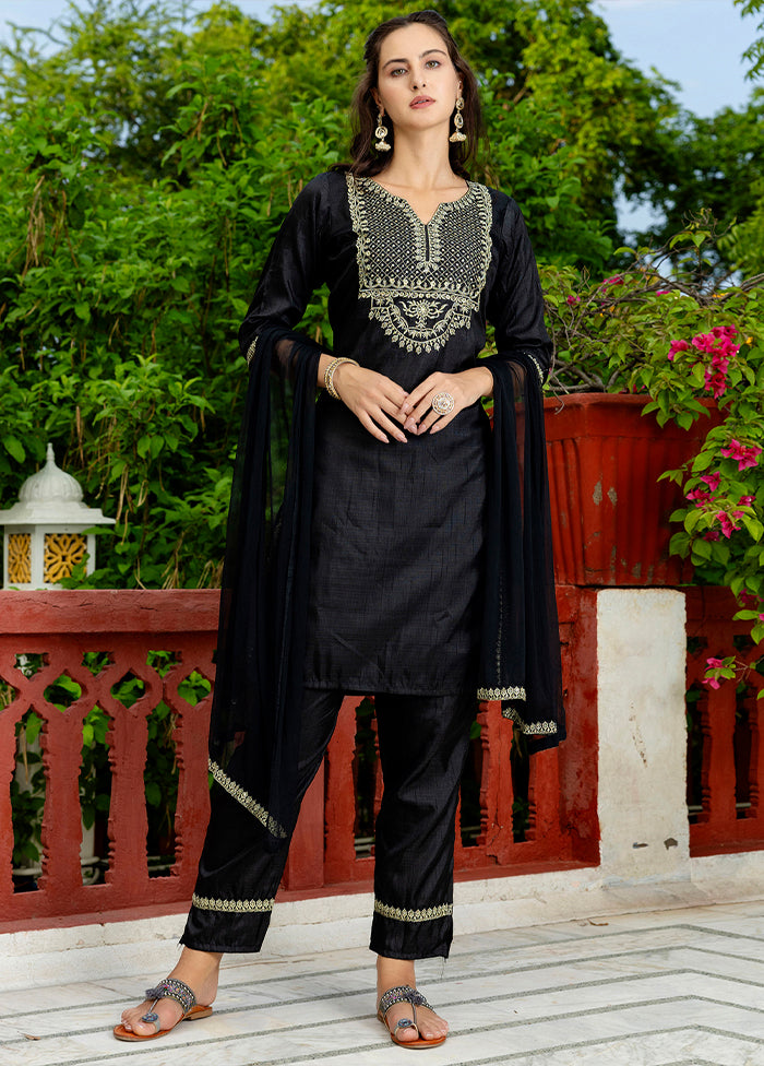3 Pc Black Readymade Silk Dupatta Suit Set