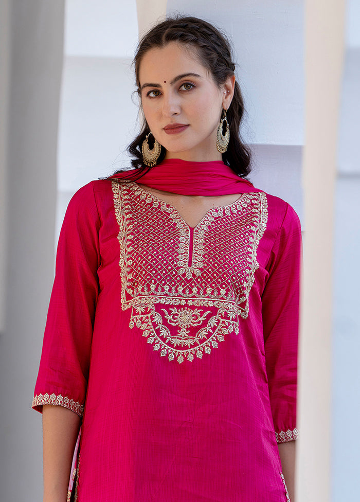 3 Pc Pink Readymade Silk Dupatta Suit Set