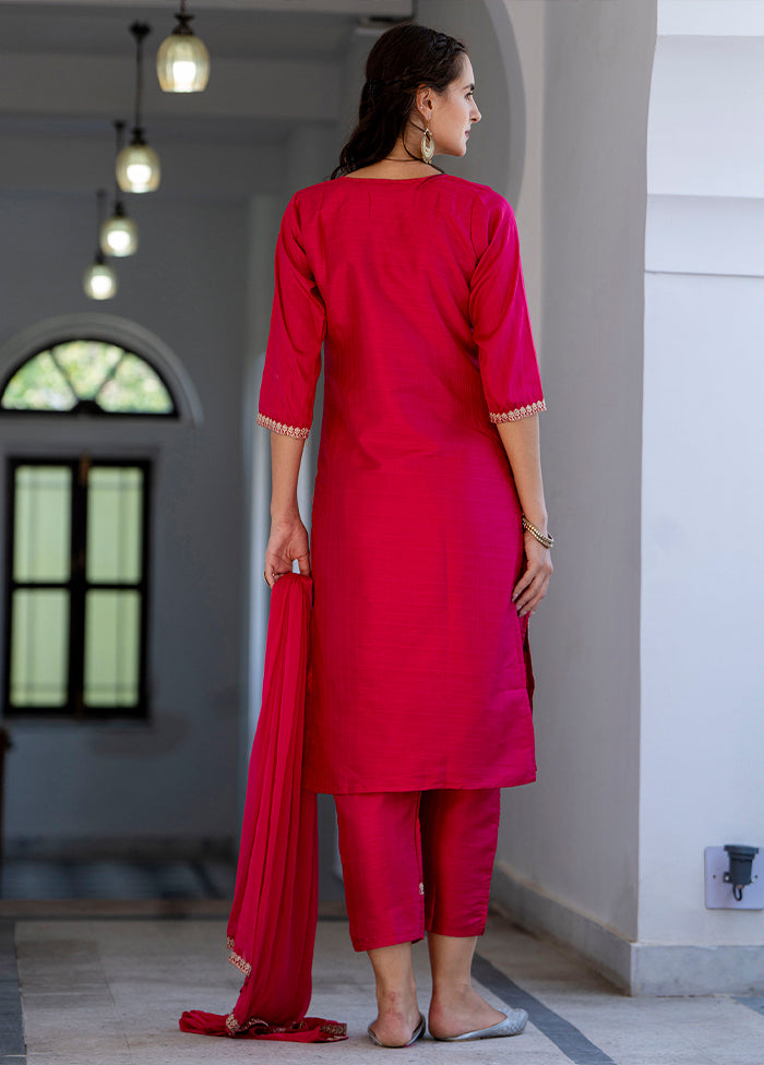 3 Pc Pink Readymade Silk Dupatta Suit Set