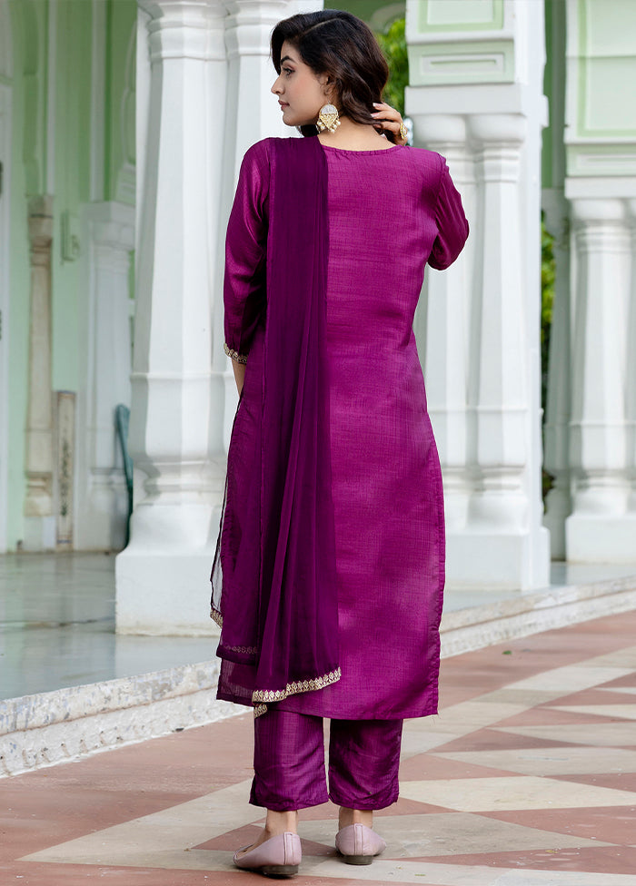 3 Pc Purple Readymade Silk Dupatta Suit Set