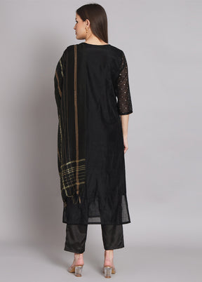 3 Pc Black Readymade Chanderi Dupatta Suit Set