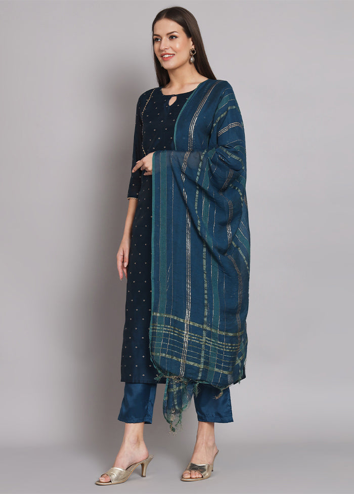 3 Pc Blue Readymade Chanderi Dupatta Suit Set