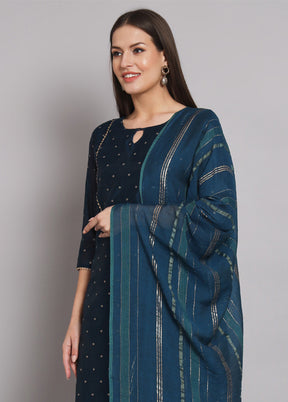 3 Pc Blue Readymade Chanderi Dupatta Suit Set