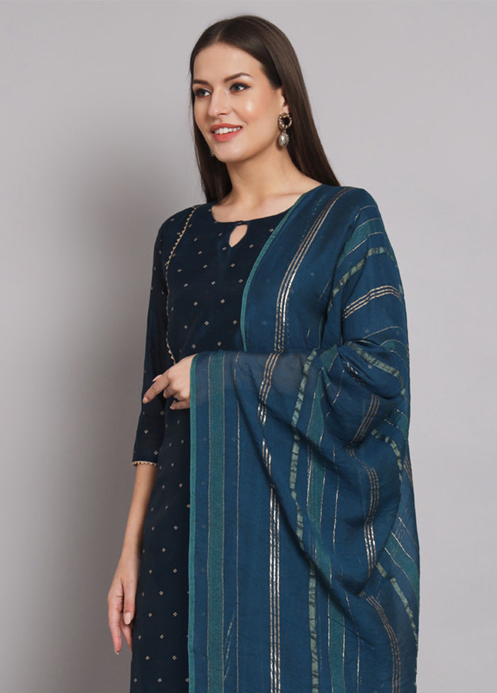 3 Pc Blue Readymade Chanderi Dupatta Suit Set