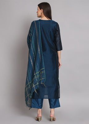 3 Pc Blue Readymade Chanderi Dupatta Suit Set
