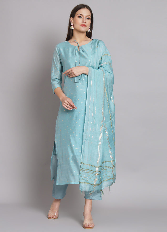 3 Pc Blue Readymade Chanderi Dupatta Suit Set