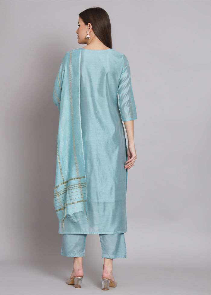 3 Pc Blue Readymade Chanderi Dupatta Suit Set