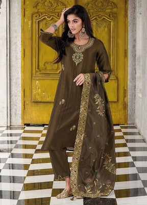 3 Pc Grey Readymade Viscose Dupatta Suit Set