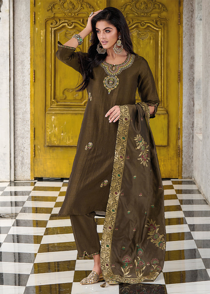 3 Pc Grey Readymade Viscose Dupatta Suit Set