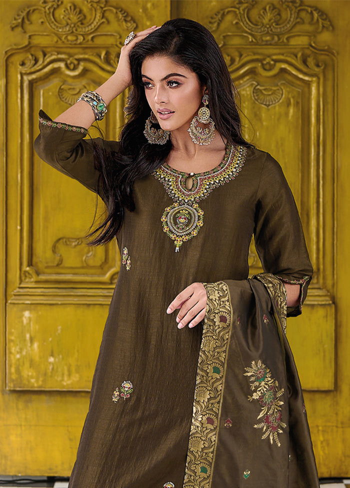 3 Pc Grey Readymade Viscose Dupatta Suit Set