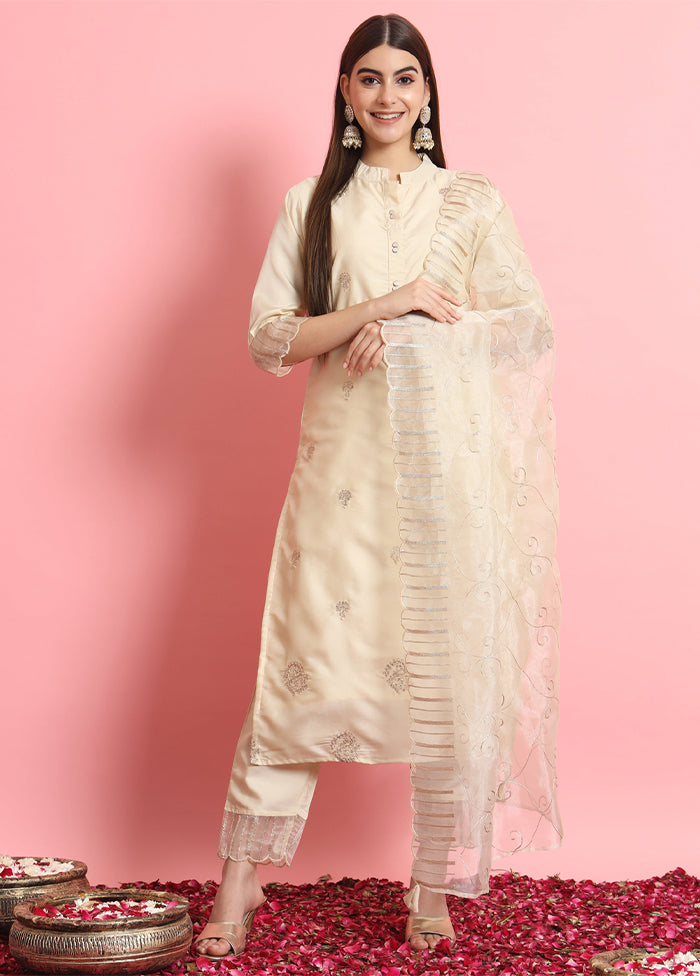 3 Pc Beige Readymade Silk Dupatta Suit Set