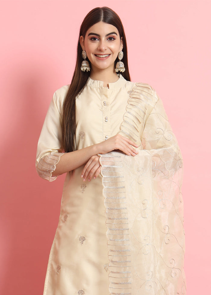 3 Pc Beige Readymade Silk Dupatta Suit Set