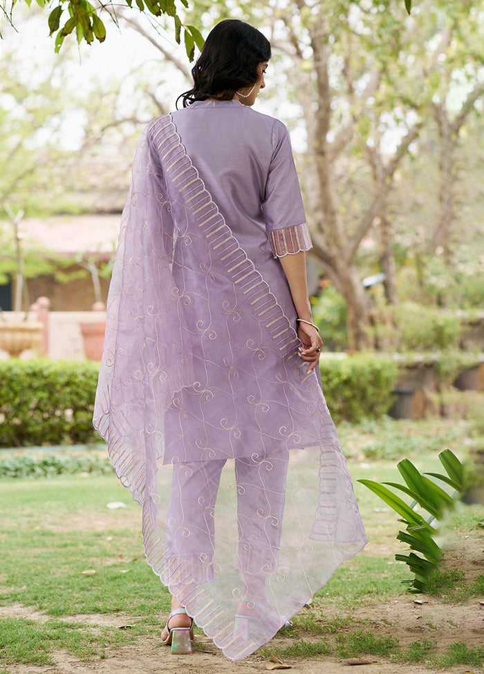 3 Pc Lavender Readymade Silk Dupatta Suit Set