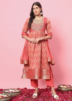 3 Pc Peach Readymade Cotton Dupatta Suit Set