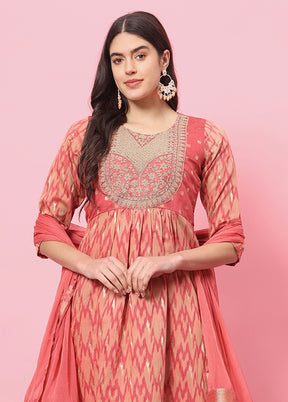 3 Pc Peach Readymade Cotton Dupatta Suit Set