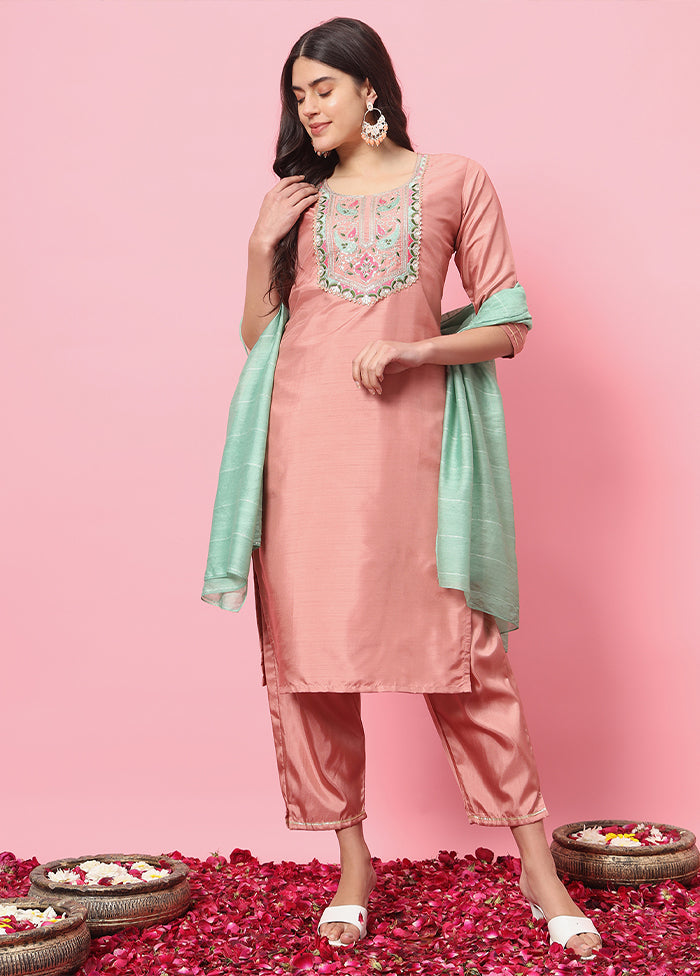 3 Pc Peach Readymade Silk Dupatta Suit Set