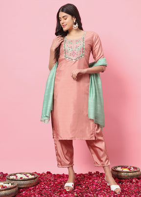 3 Pc Peach Readymade Silk Dupatta Suit Set
