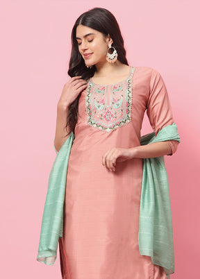 3 Pc Peach Readymade Silk Dupatta Suit Set