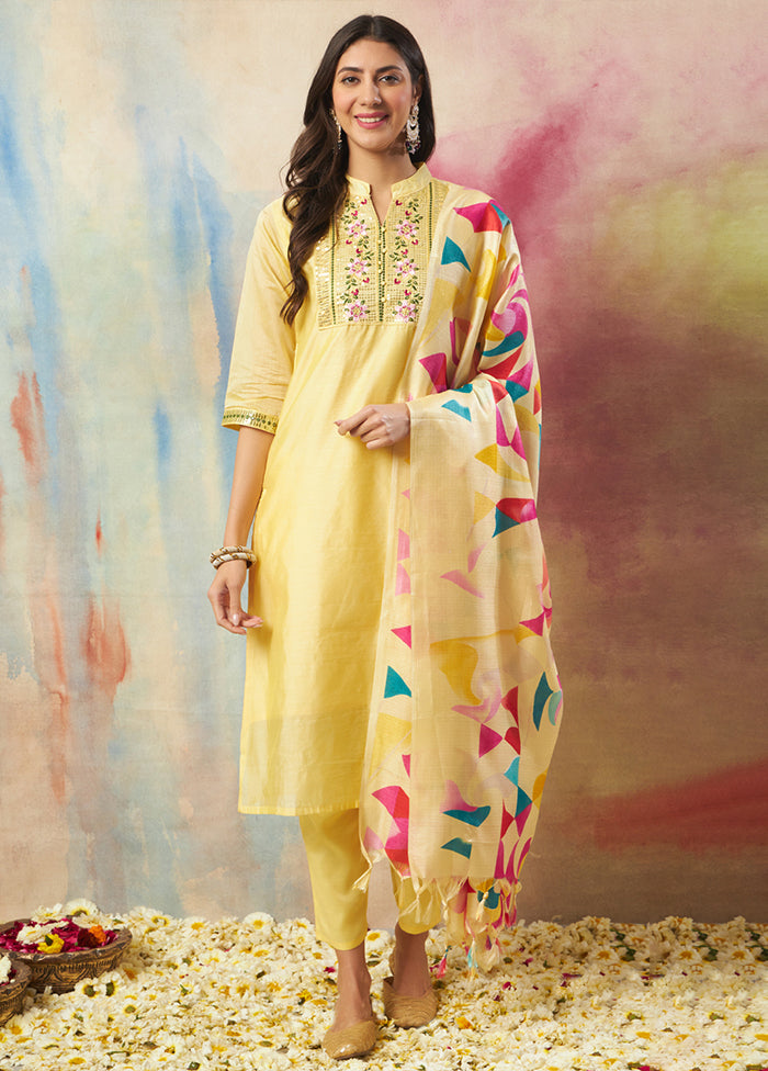 3 Pc Yellow Readymade Chanderi Dupatta Suit Set