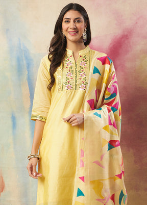 3 Pc Yellow Readymade Chanderi Dupatta Suit Set