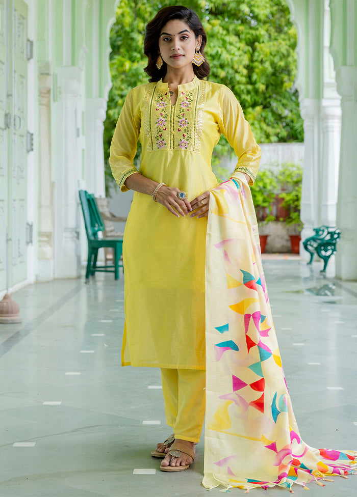 3 Pc Yellow Readymade Chanderi Dupatta Suit Set