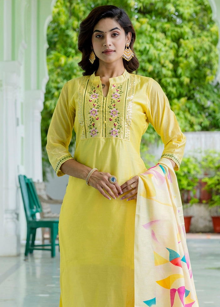 3 Pc Yellow Readymade Chanderi Dupatta Suit Set
