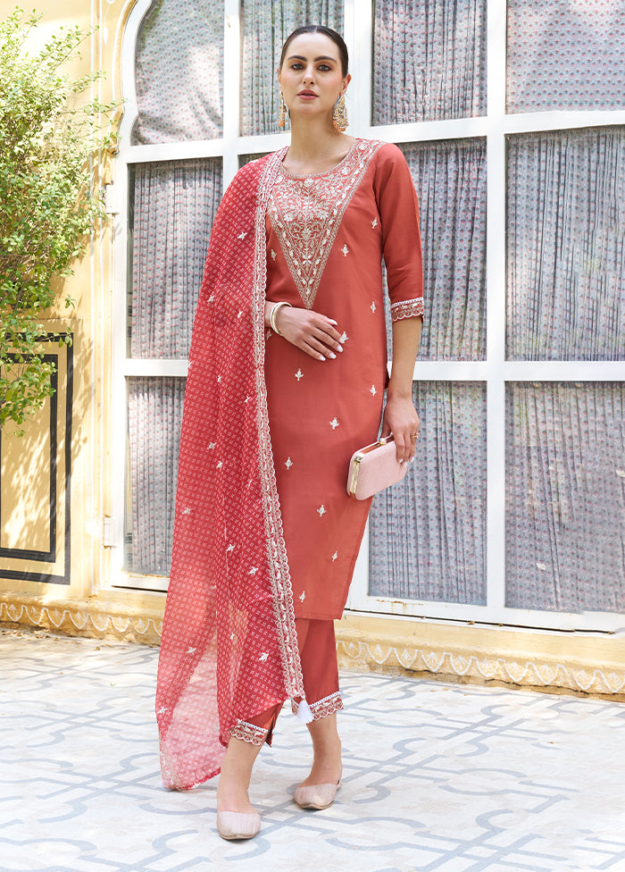 3 Pc Peach Readymade Silk Dupatta Suit Set