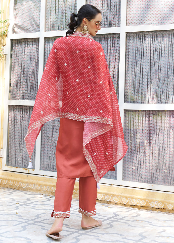 3 Pc Peach Readymade Silk Dupatta Suit Set