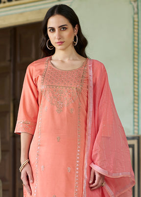 3 Pc Peach Readymade Viscose Dupatta Suit Set
