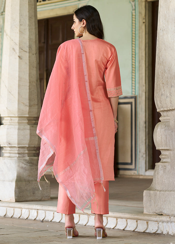 3 Pc Peach Readymade Viscose Dupatta Suit Set