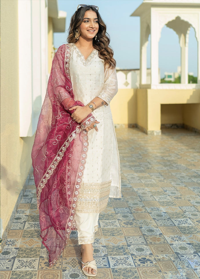 3 Pc White Readymade Chanderi Dupatta Suit Set
