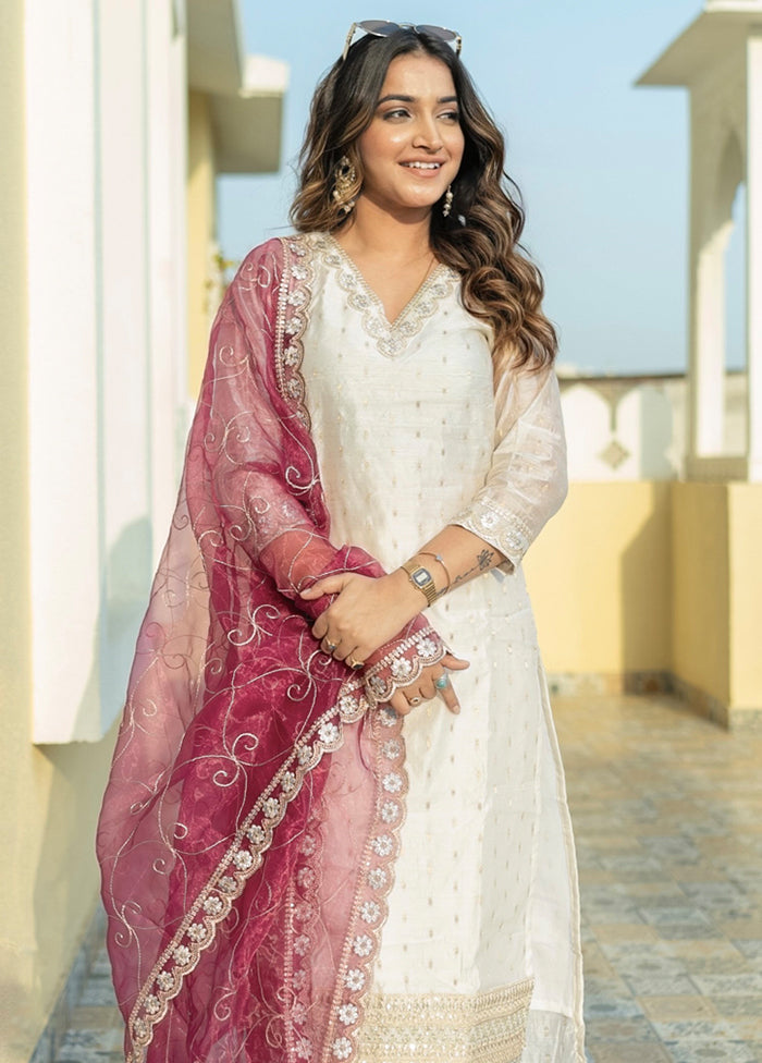 3 Pc White Readymade Chanderi Dupatta Suit Set