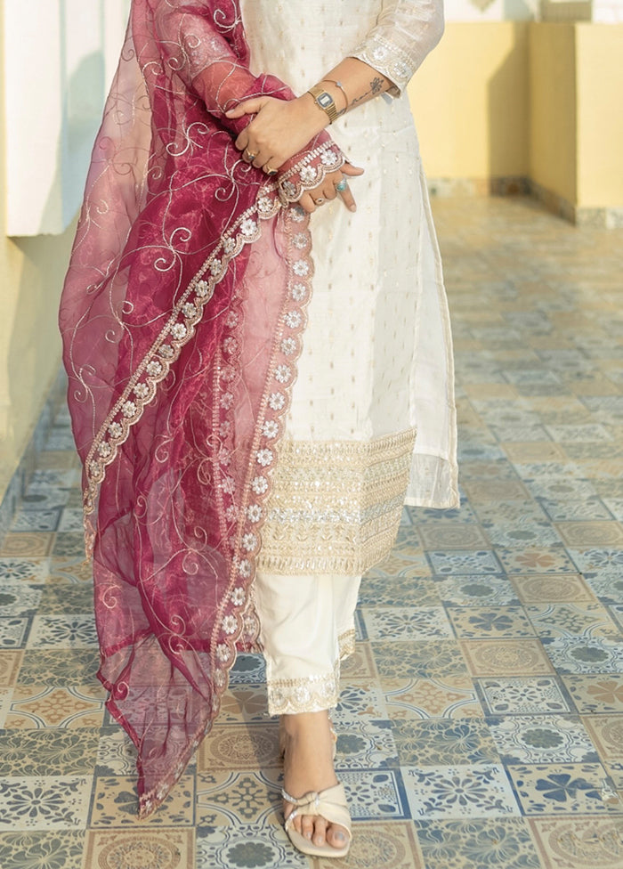 3 Pc White Readymade Chanderi Dupatta Suit Set